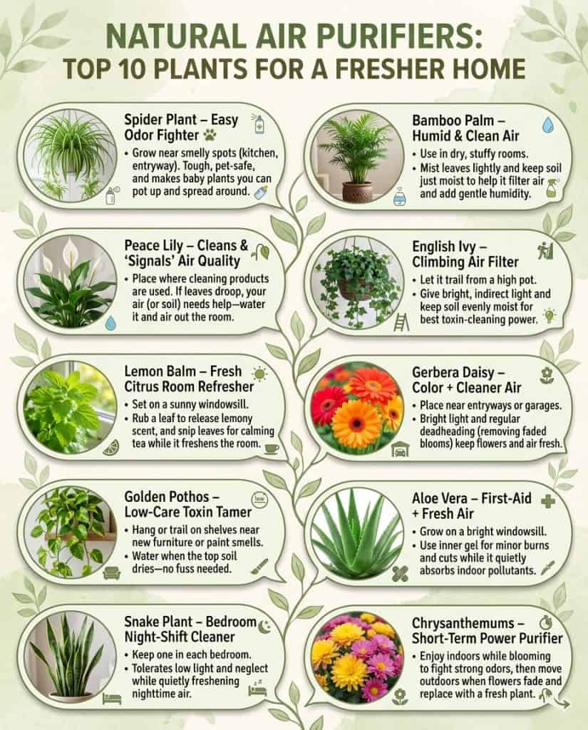 Infographic displaying ten air-purifying houseplants with toxin removal data and care details