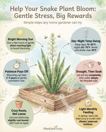Snake plant blooming infographic showing stress techniques to trigger indoor flowering conditions