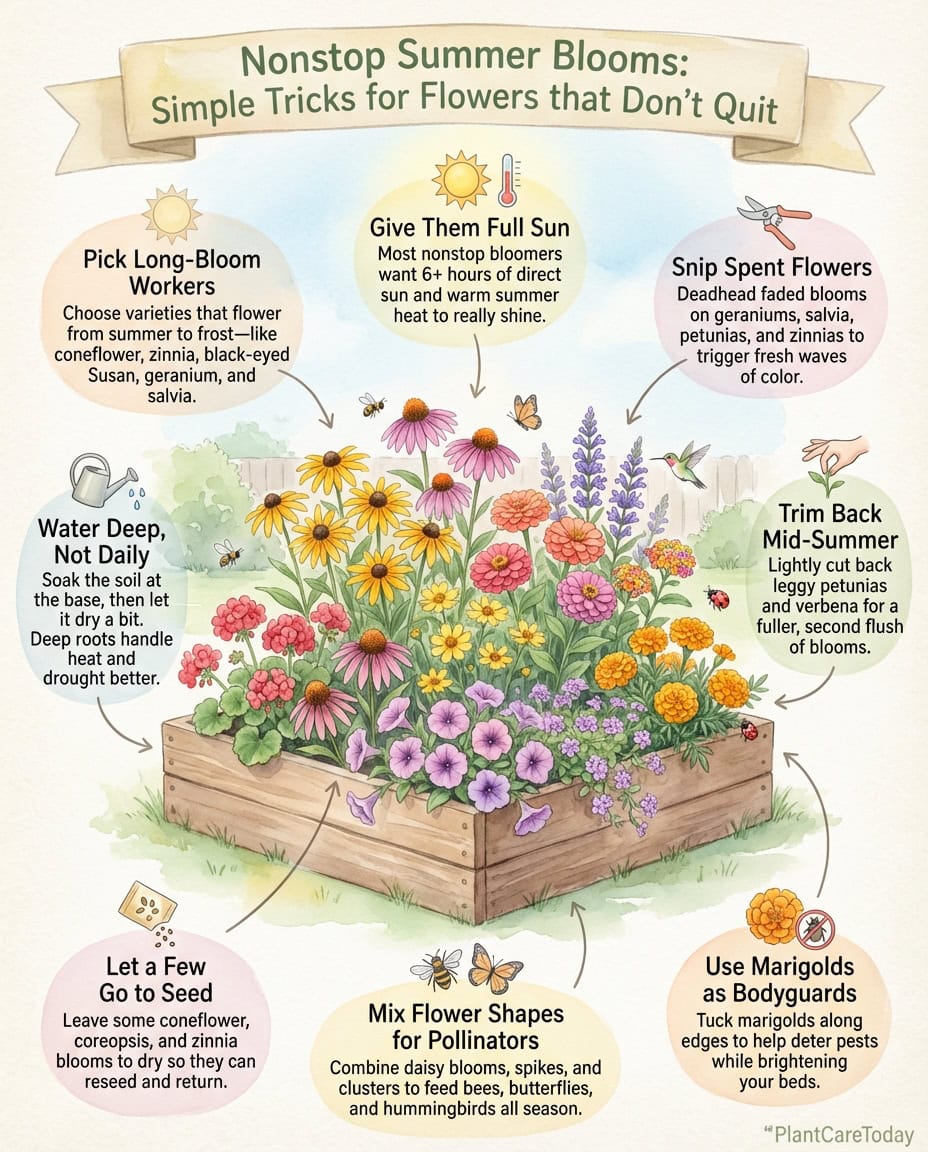 Infographic displaying twelve continuous-blooming summer plants with bloom period timeline charts