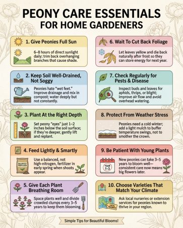 Infographic displaying ten common peony growing mistakes with illustrated examples and problem indicators
