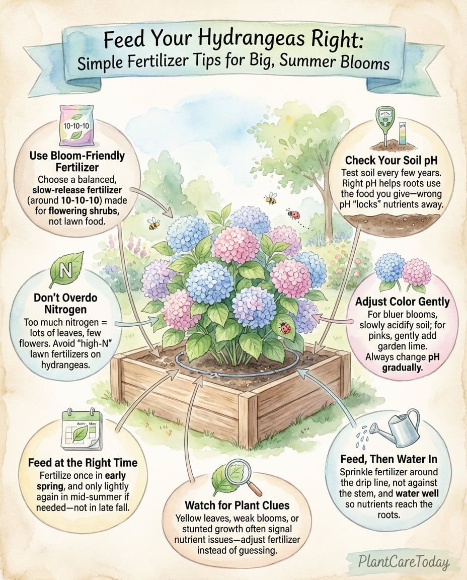 Hydrangea fertilizing infographic showing nitrogen ratios and timing methods for different varieties