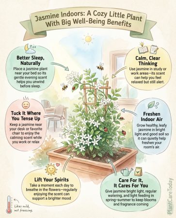 Infographic showing jasmine plant health benefits with scientific compounds and brain chemistry effects
