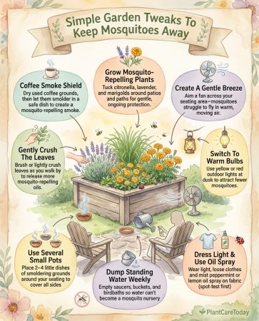 Infographic showing coffee ground mosquito repellent method and natural pest control strategies