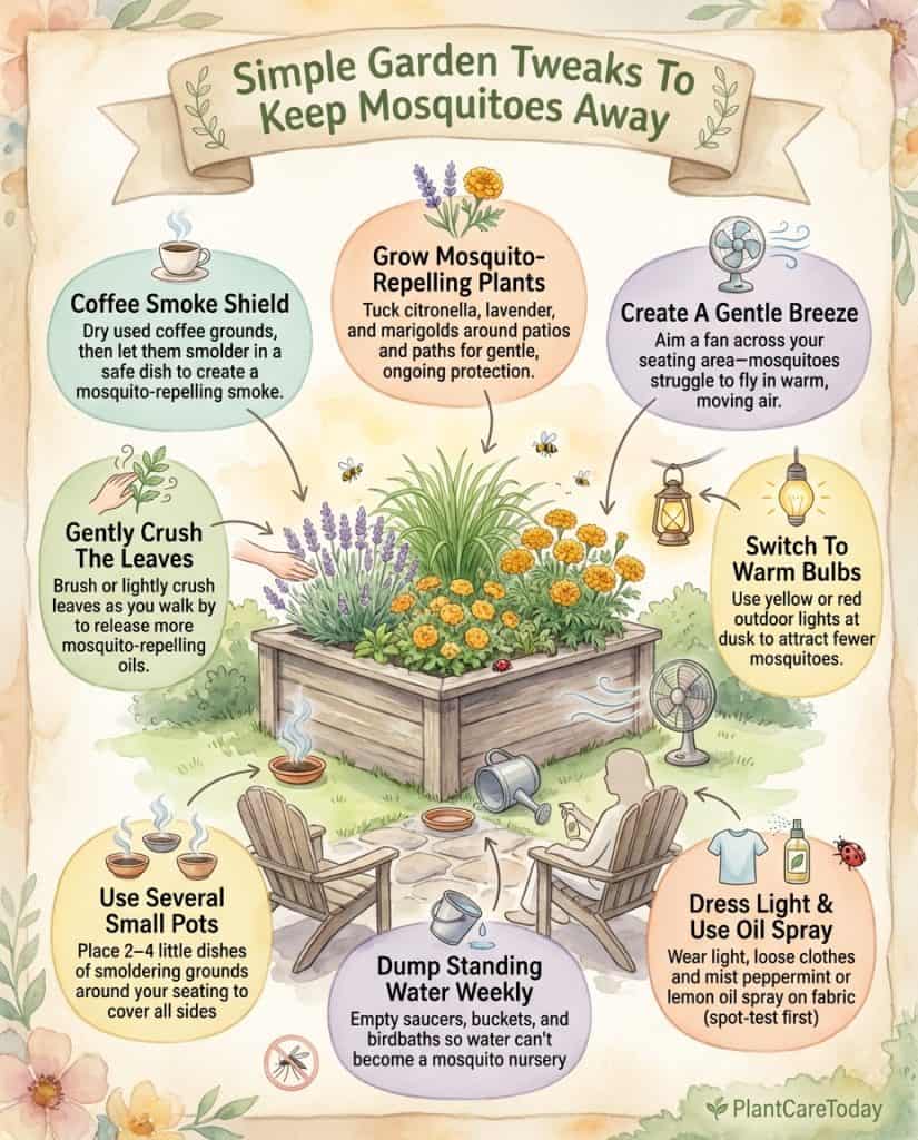 Infographic showing coffee ground mosquito repellent method and natural pest control strategies