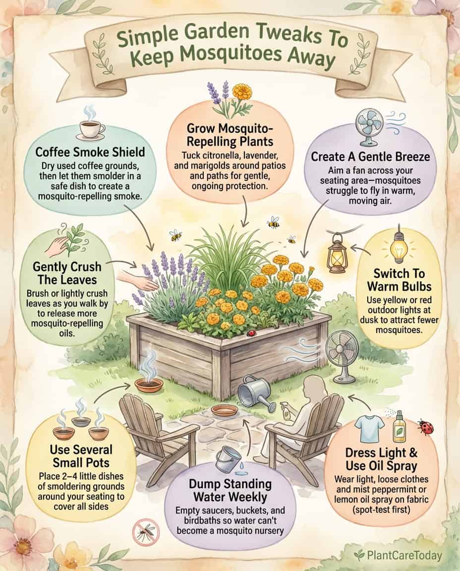 Infographic showing coffee ground mosquito repellent method and natural pest control strategies
