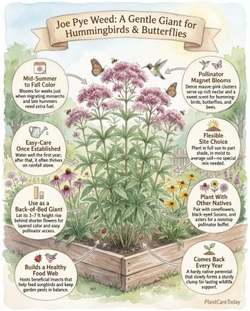 Joe Pye Weed infographic showing plant characteristics and pollinator attraction features with illustrations