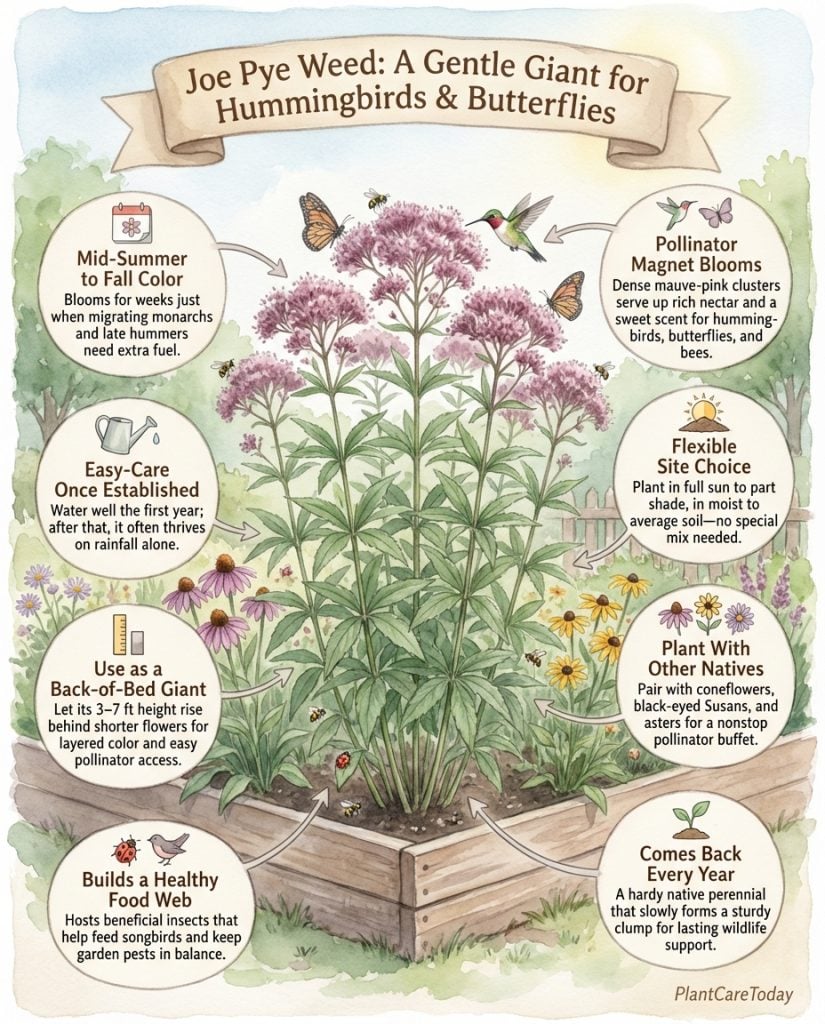 Joe Pye Weed infographic showing plant characteristics and pollinator attraction features with illustrations