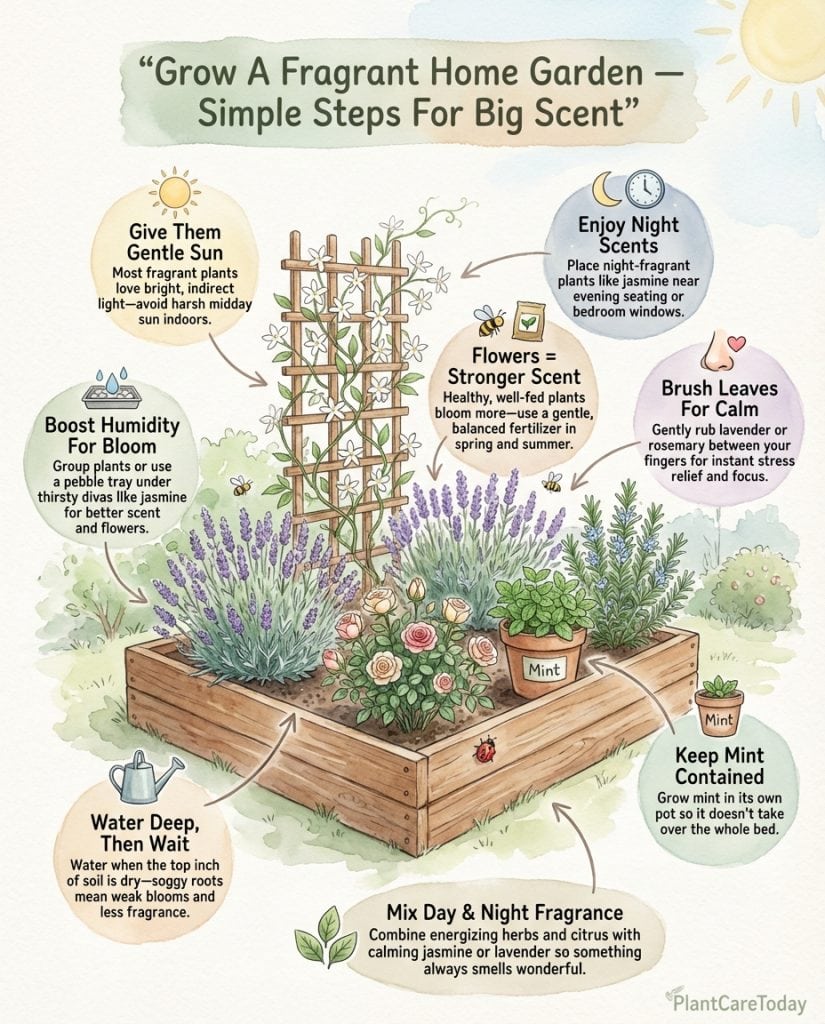 Infographic displaying twelve fragrant houseplants with care requirements and scent descriptions