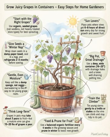 Infographic displaying container grape growing steps from seed selection through harvest process