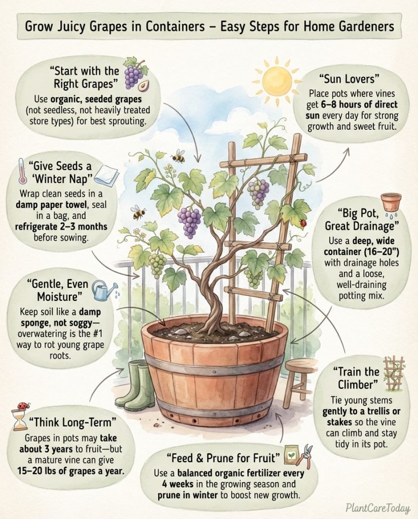 Infographic displaying container grape growing steps from seed selection through harvest process