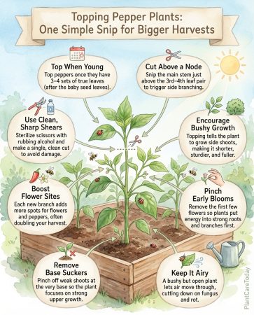 Pepper plant pruning infographic showing topping technique with step-by-step visual guide