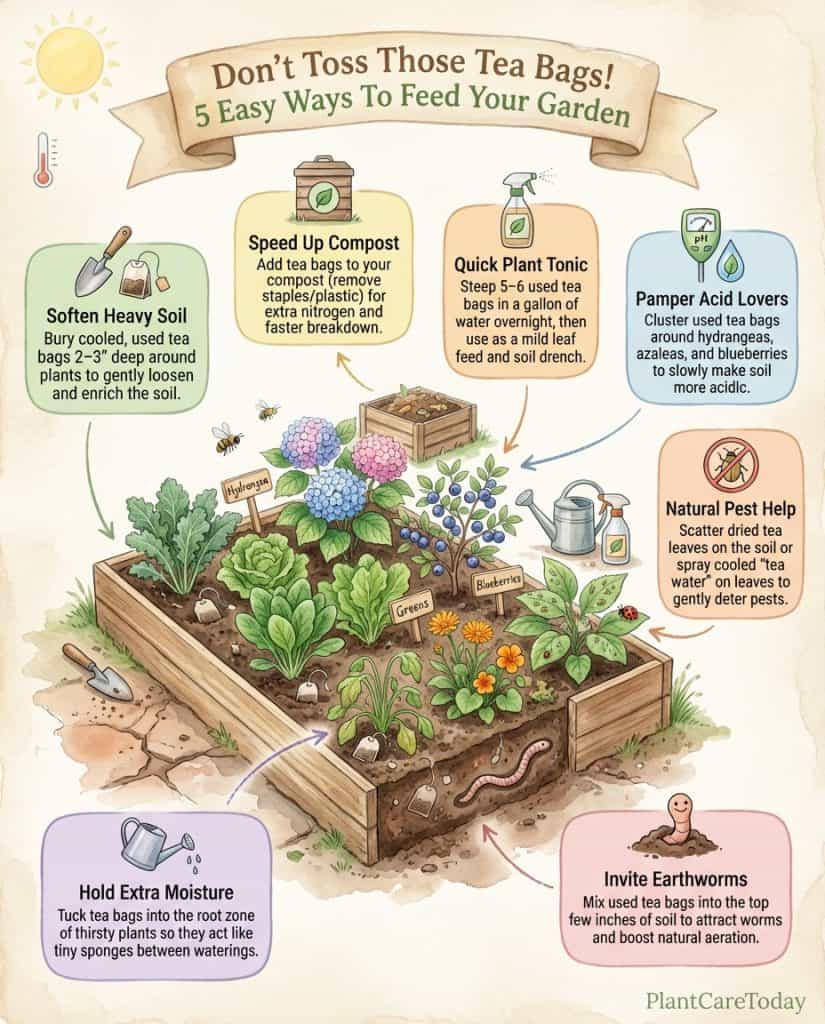 Infographic showing tea bag composting method with soil placement steps and nutrient breakdown chart