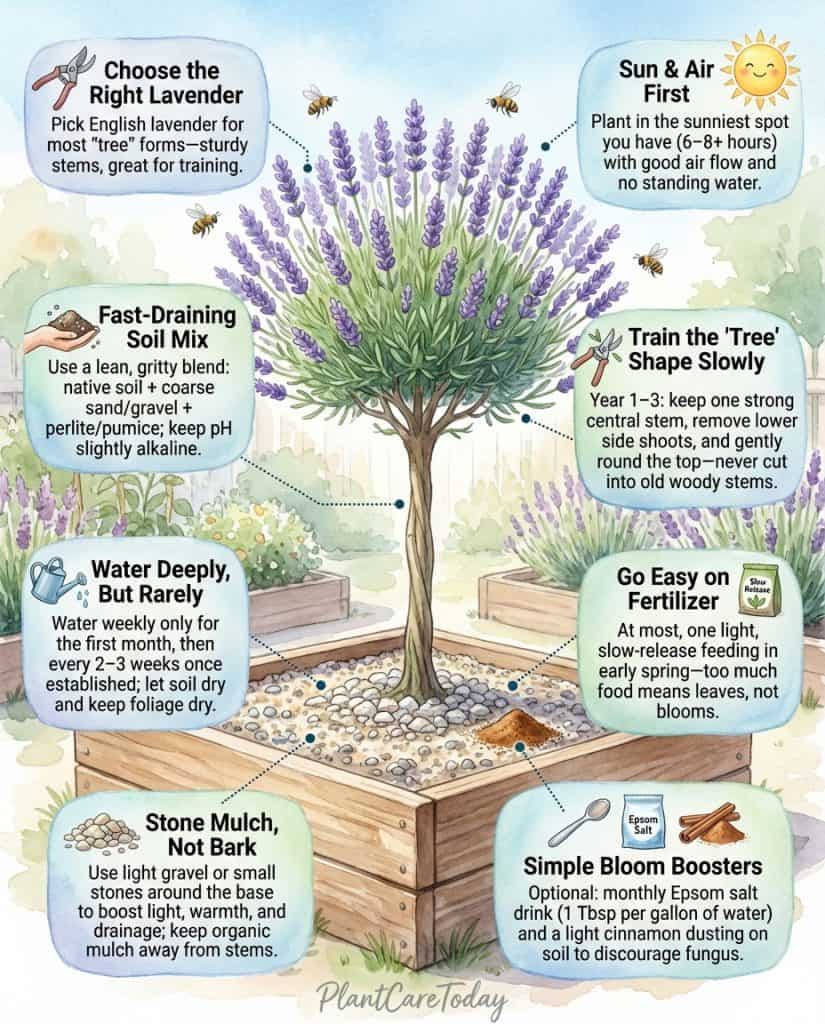 Lavender care infographic showing common watering mistakes and proper growing conditions with illustrations