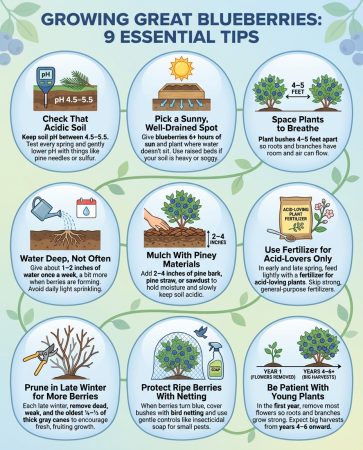 Blueberry soil acidity infographic showing pH requirements and symptoms of incorrect soil conditions