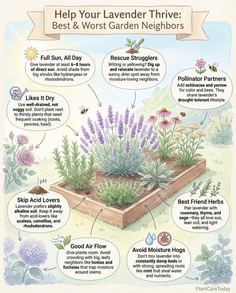 Lavender companion planting infographic showing incompatible and beneficial neighboring plants with spacing tips