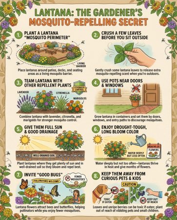 Lantana infographic showing mosquito-repelling properties and planting placement recommendations with illustrations