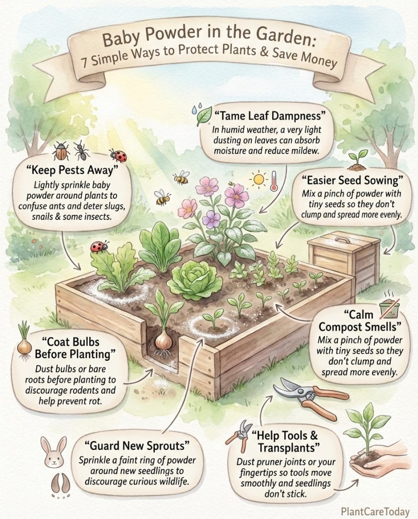 Infographic showing baby powder garden uses with illustrated application methods for pests and plants