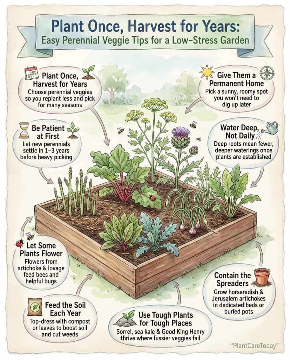 Perennial vegetable infographic showing asparagus, artichokes, and rhubarb with lifespan information