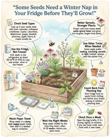 Cold stratification infographic showing seed preparation process for lavender, milkweed, and coneflowers