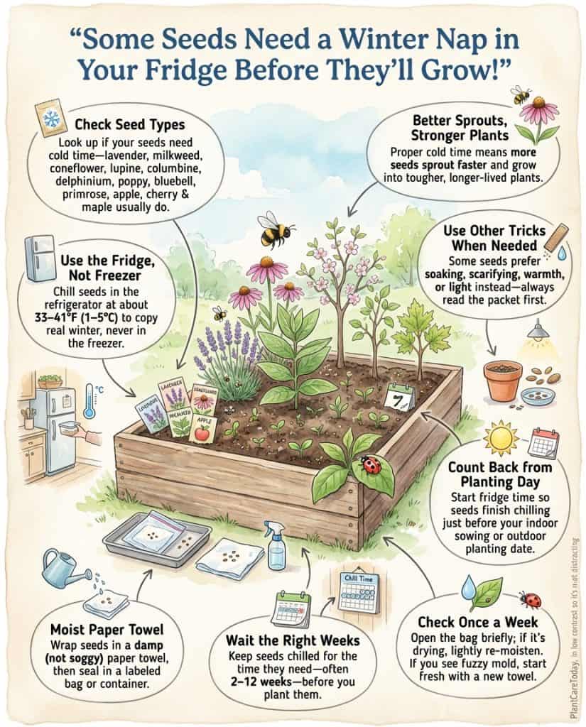 Cold stratification infographic showing seed preparation process for lavender, milkweed, and coneflowers