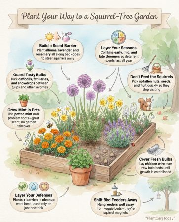 Infographic showing squirrel-deterrent plants with visual comparison of attractive vs repellent garden choices