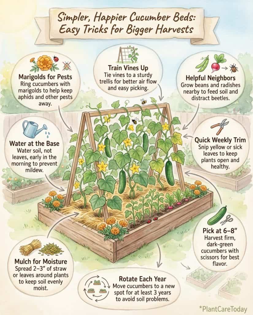 Cucumber care infographic displaying watering methods and common growing tips with plant diagrams