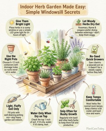 Indoor herb garden infographic displaying 15 kitchen herbs with growing requirements and care tips