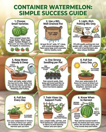 Infographic showing container watermelon growing guide with variety selection and care requirements