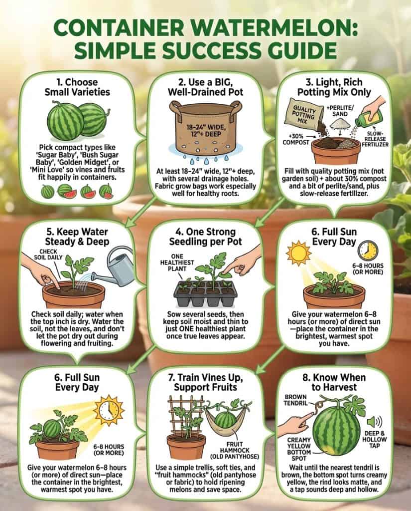 Infographic showing container watermelon growing guide with variety selection and care requirements