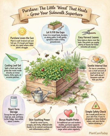 Purslane identification infographic showing plant features and medicinal uses with health benefit icons