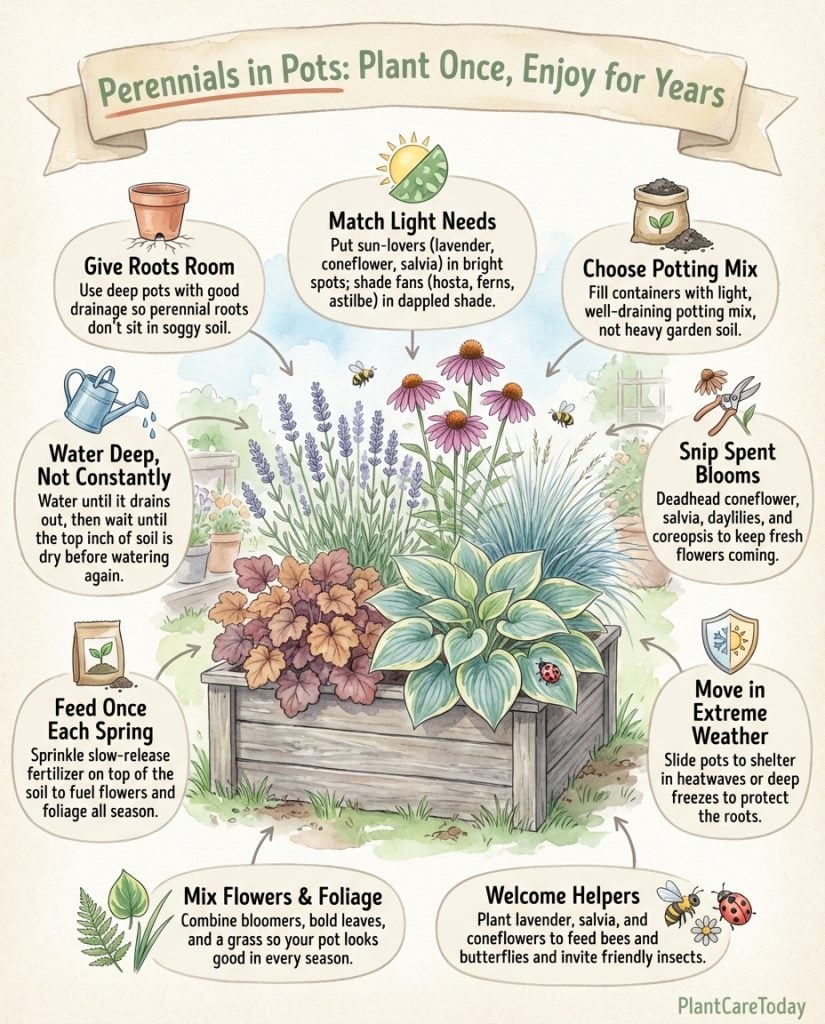 Infographic displaying sixteen perennial plants suitable for container gardening with care information