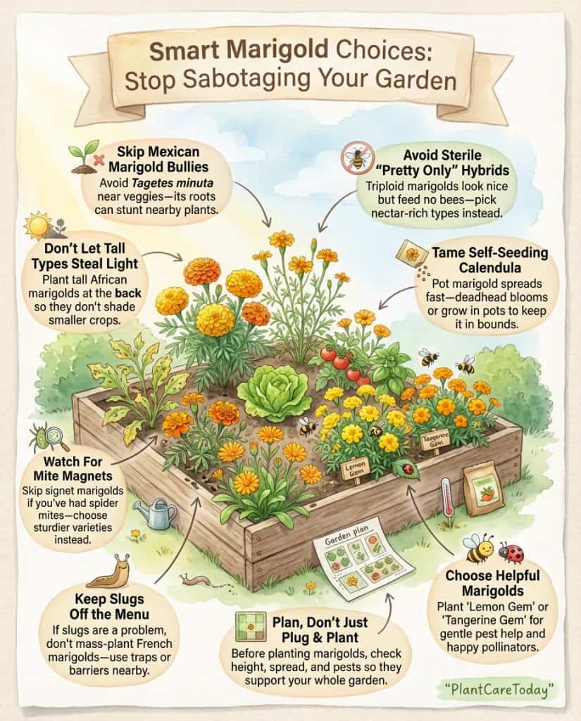 Infographic identifying problematic marigold varieties with garden impact comparisons and alternative options