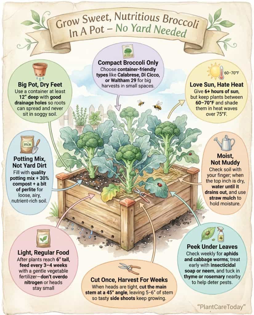 Container broccoli growing infographic showing pot size, soil requirements, and sunlight needs for balcony gardens