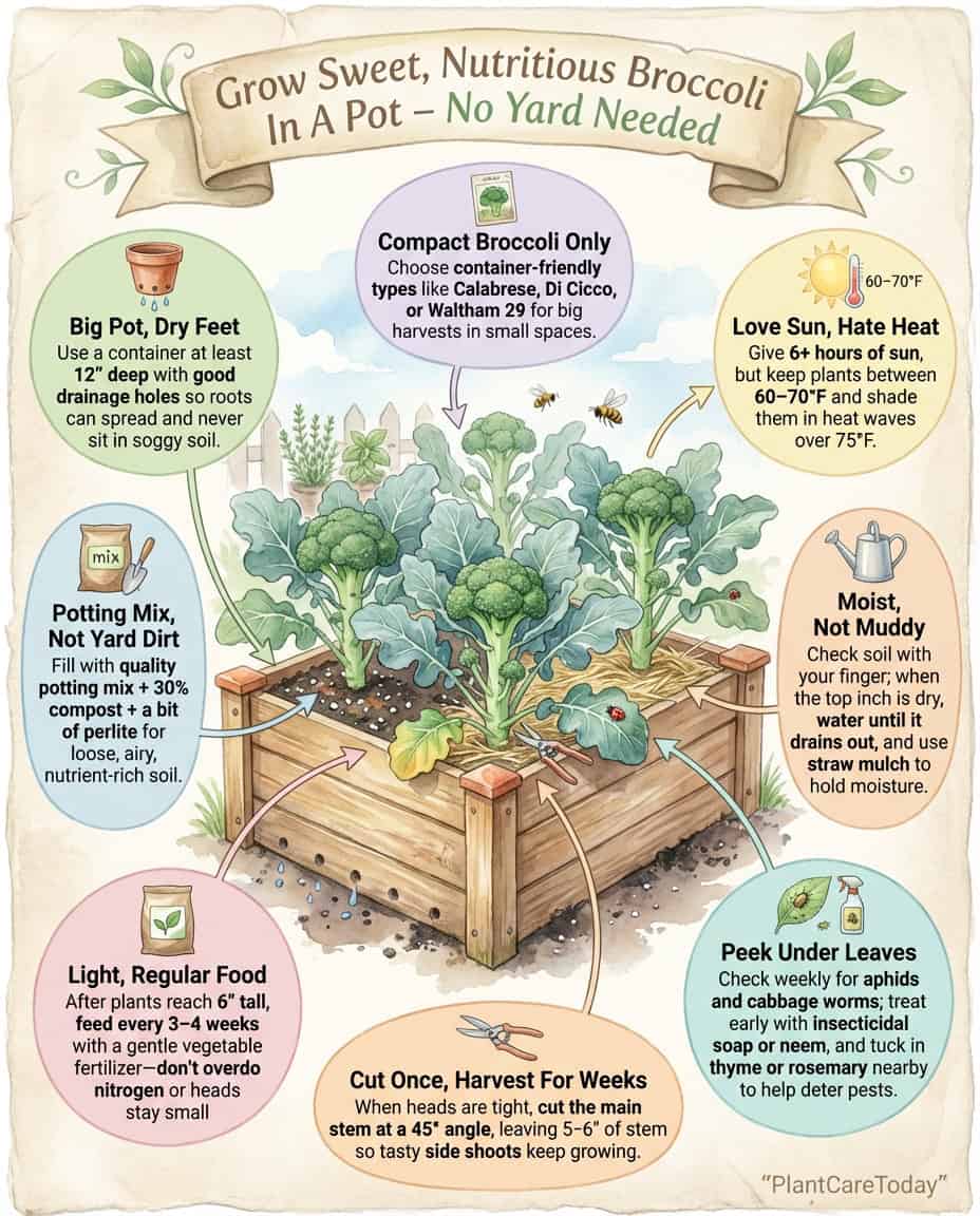 Container broccoli growing infographic showing pot size, soil requirements, and sunlight needs for balcony gardens