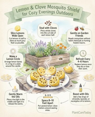 Infographic showing lemon and clove mosquito repellent method with step-by-step assembly instructions