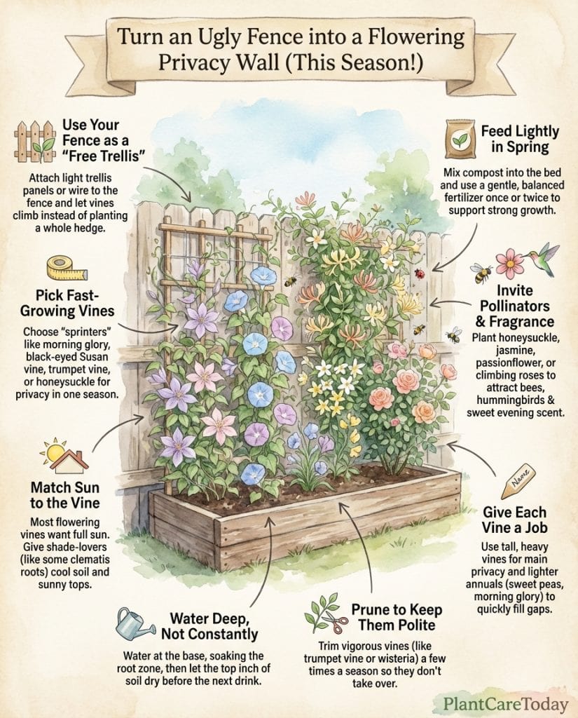 Infographic displaying twelve fast-growing flowering vine varieties for fence coverage and living walls