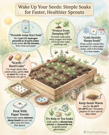 Infographic showing hydrogen peroxide seed soaking method with germination timeline comparisons