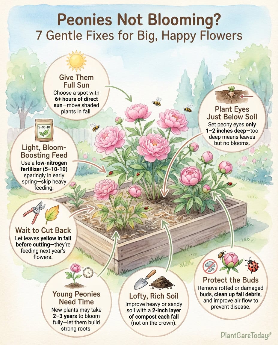 Peony planting infographic showing two common mistakes affecting bloom production with diagrams