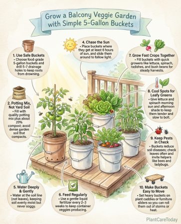 Container gardening infographic showing bucket setup steps for growing tomatoes, peppers, and salad greens