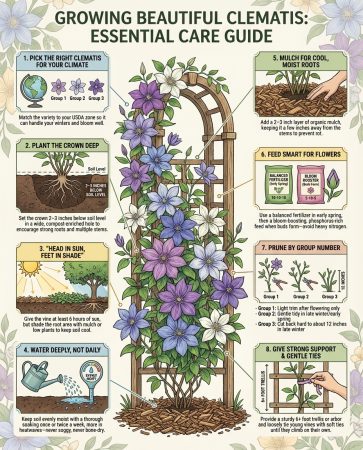 Infographic displaying common clematis growing mistakes with planting depth and pruning corrections
