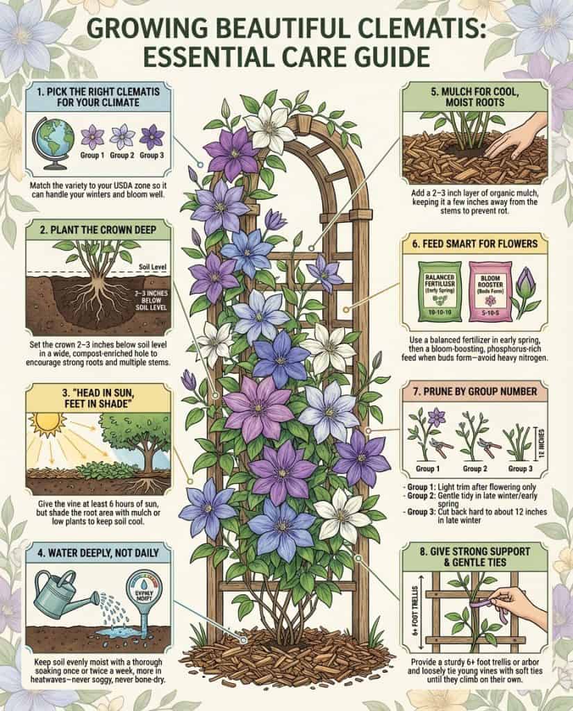 Infographic displaying common clematis growing mistakes with planting depth and pruning corrections