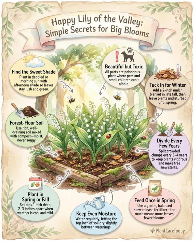 Lily of the valley care infographic showing shade requirements and common growing problems with solutions