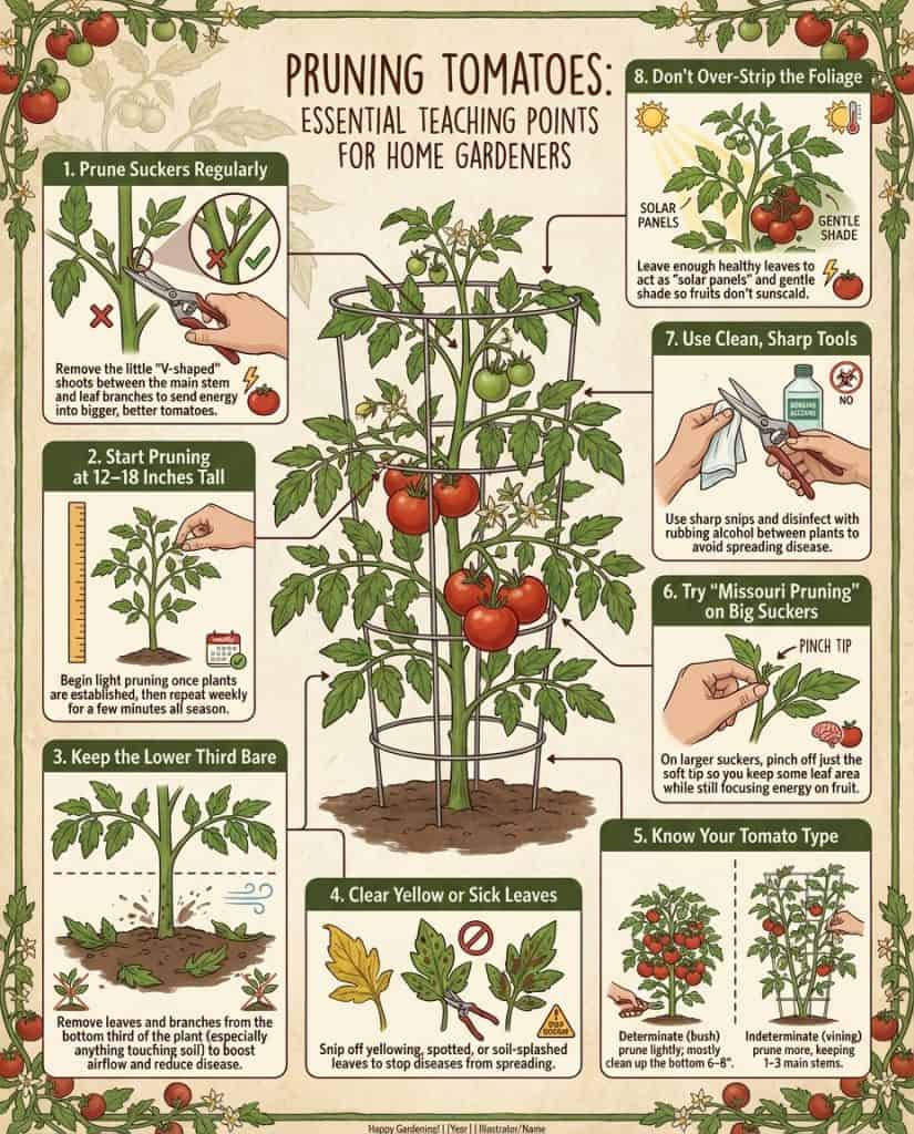 Tomato pruning infographic demonstrating sucker identification and removal techniques with labeled diagrams