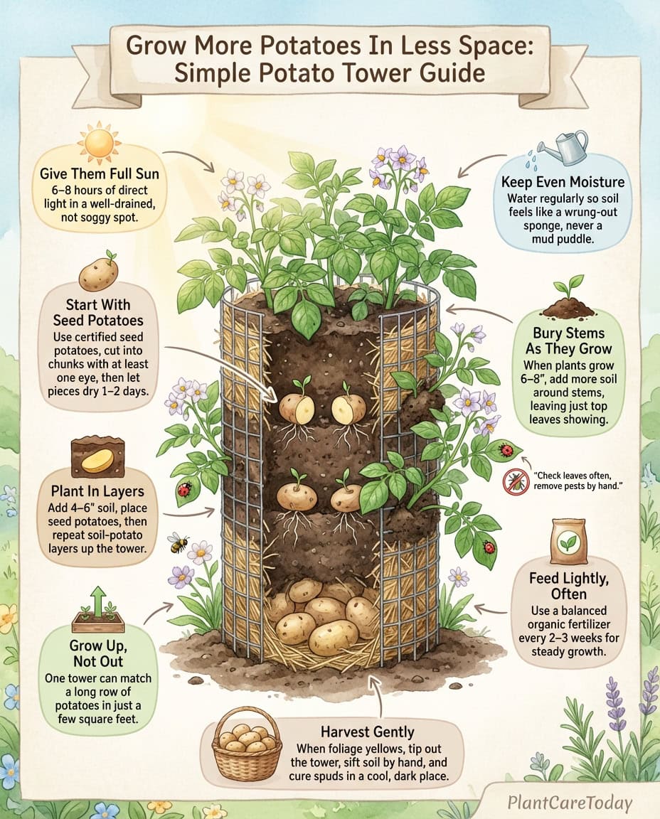 Vertical potato tower infographic showing construction steps and space comparison to traditional rows