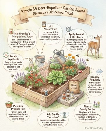 Deer repellent recipe infographic showing four household ingredients and mixing instructions