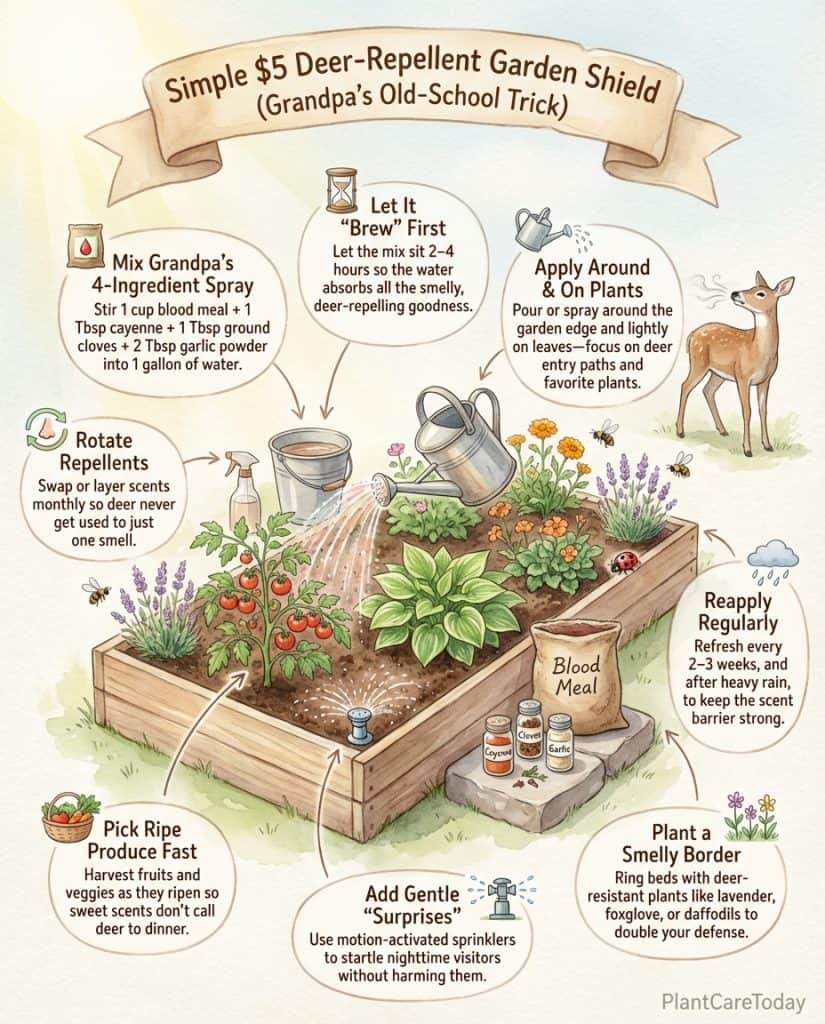 Deer repellent recipe infographic showing four household ingredients and mixing instructions