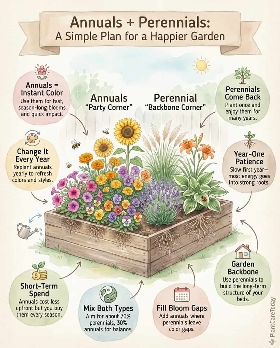 Infographic comparing annuals versus perennials with lifecycle diagrams and strategic planting examples
