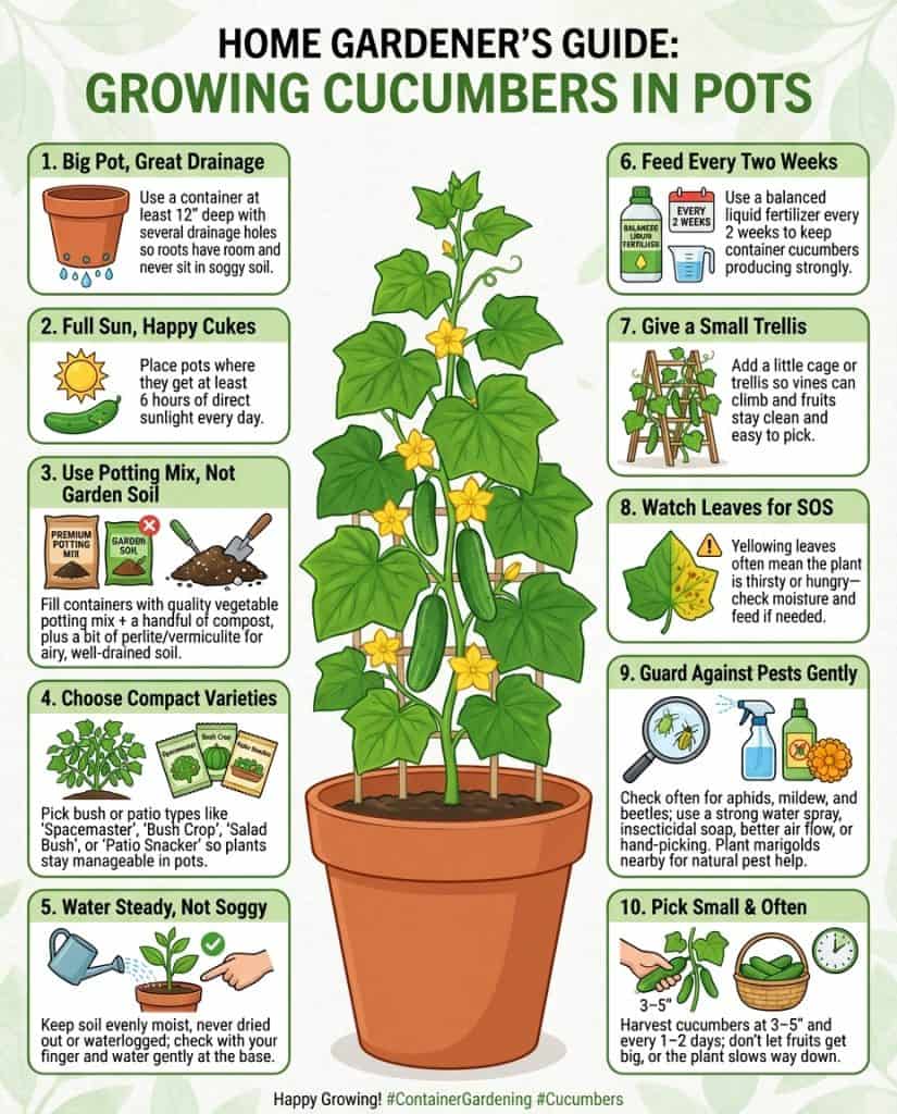 Container cucumber growing infographic showing pot setup and plant care essentials for balcony gardens
