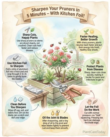 Pruner sharpening infographic showing kitchen tool method with step-by-step visual instructions