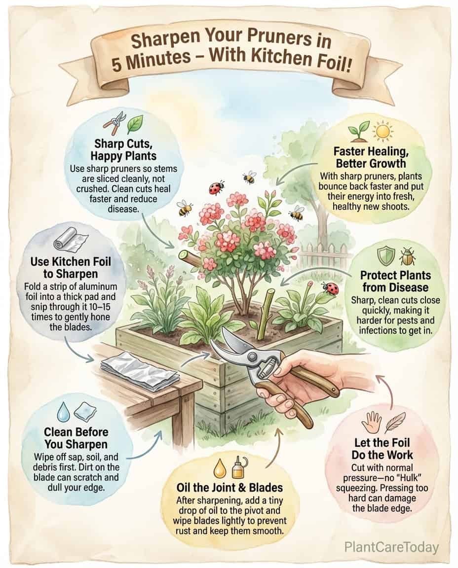 Pruner sharpening infographic showing kitchen tool method with step-by-step visual instructions